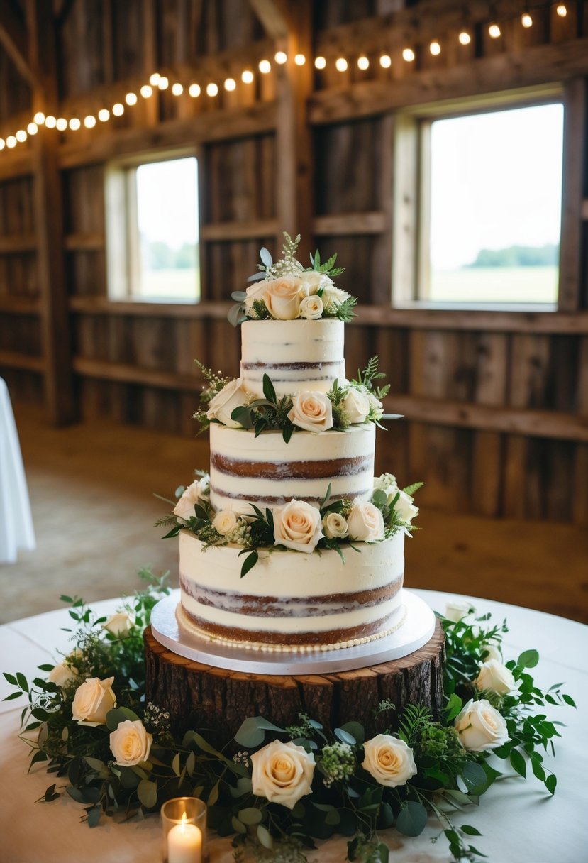 A rustic barn setting with a tiered floral wedding cake as the centerpiece, surrounded by greenery and soft lighting