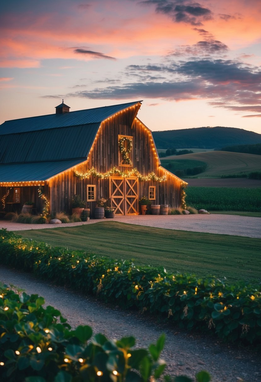 A rustic barn adorned with twinkling lights and flowing greenery, set against a backdrop of rolling hills and a vibrant sunset