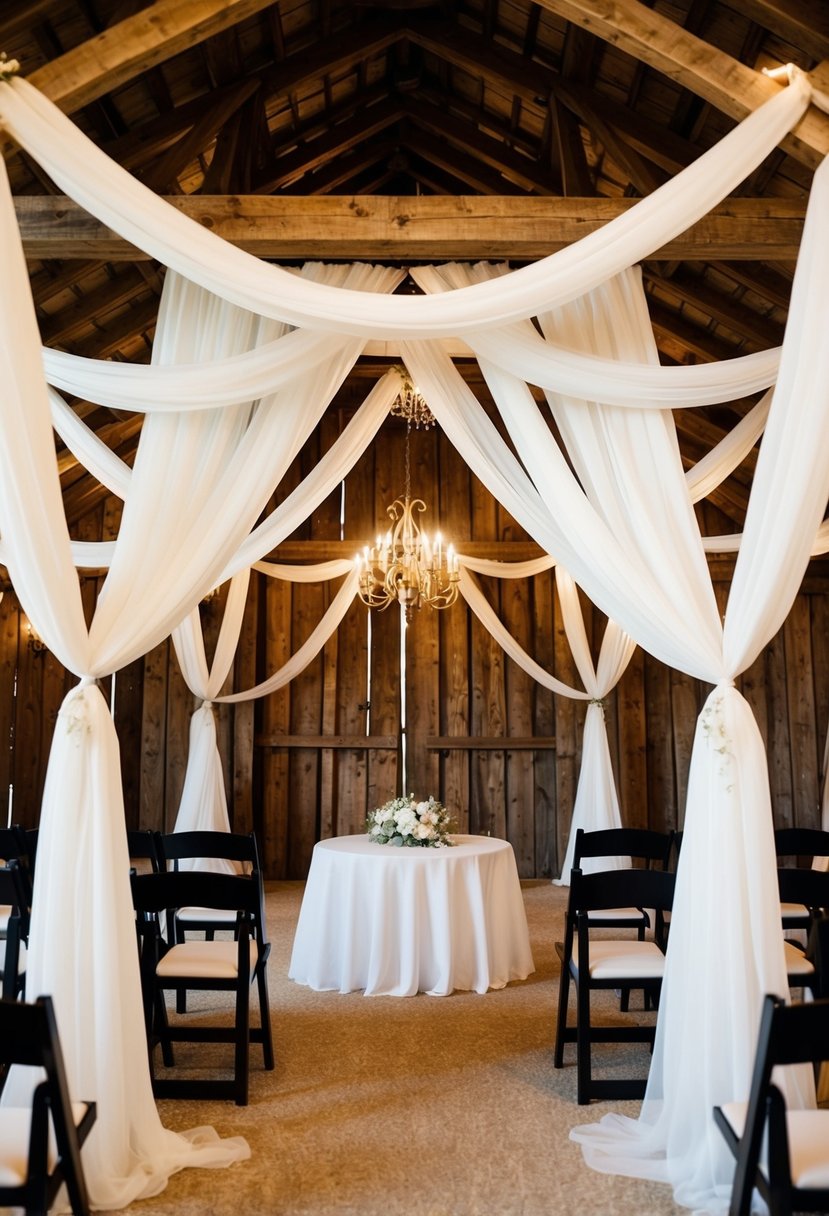 A rustic barn adorned with flowing drapery, softening the space for a cozy wedding atmosphere