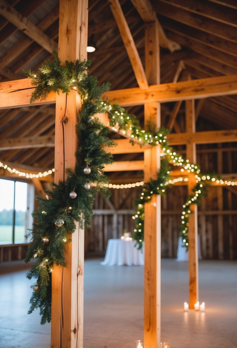 Beams wrapped in garland for a chic barn wedding