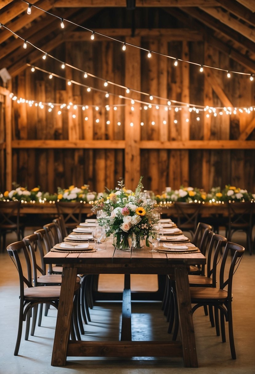 A rustic barn wedding venue with string lights, wooden tables, and wildflower centerpieces