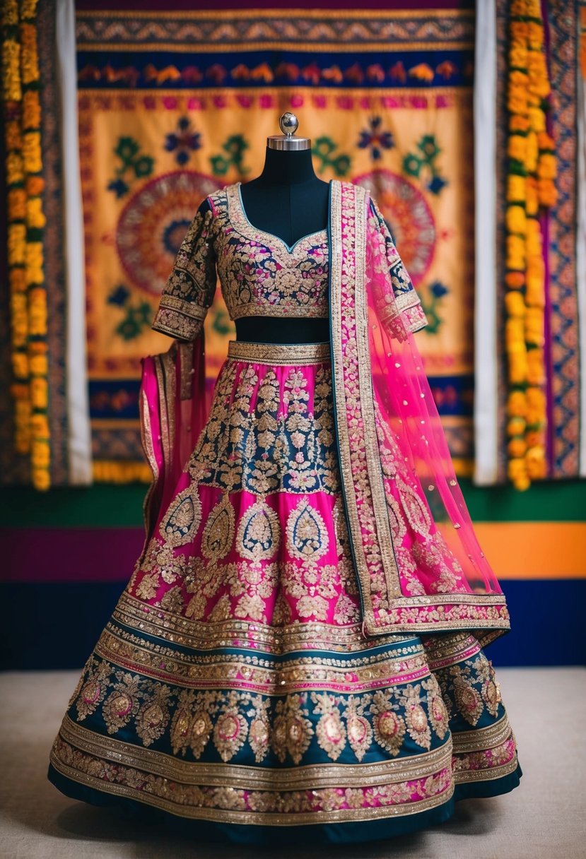 A vibrant, intricately embroidered Indian wedding dress displayed on a mannequin against a backdrop of traditional patterns and colors