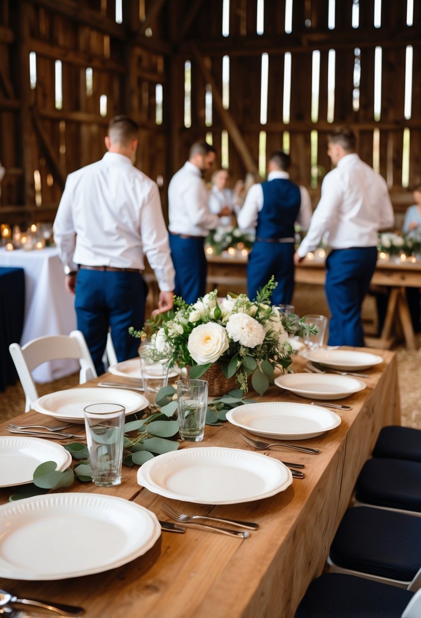 A rustic barn setting with a table adorned with disposable plates and utensils. Event staff bustling around, setting up for a wedding reception