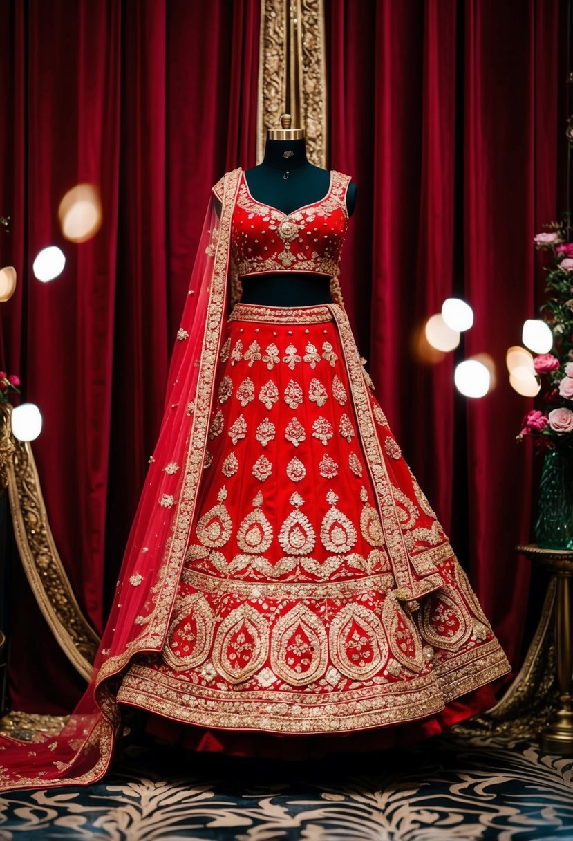 A vibrant red bridal lehenga adorned with intricate gold embroidery, draped over a luxurious velvet backdrop