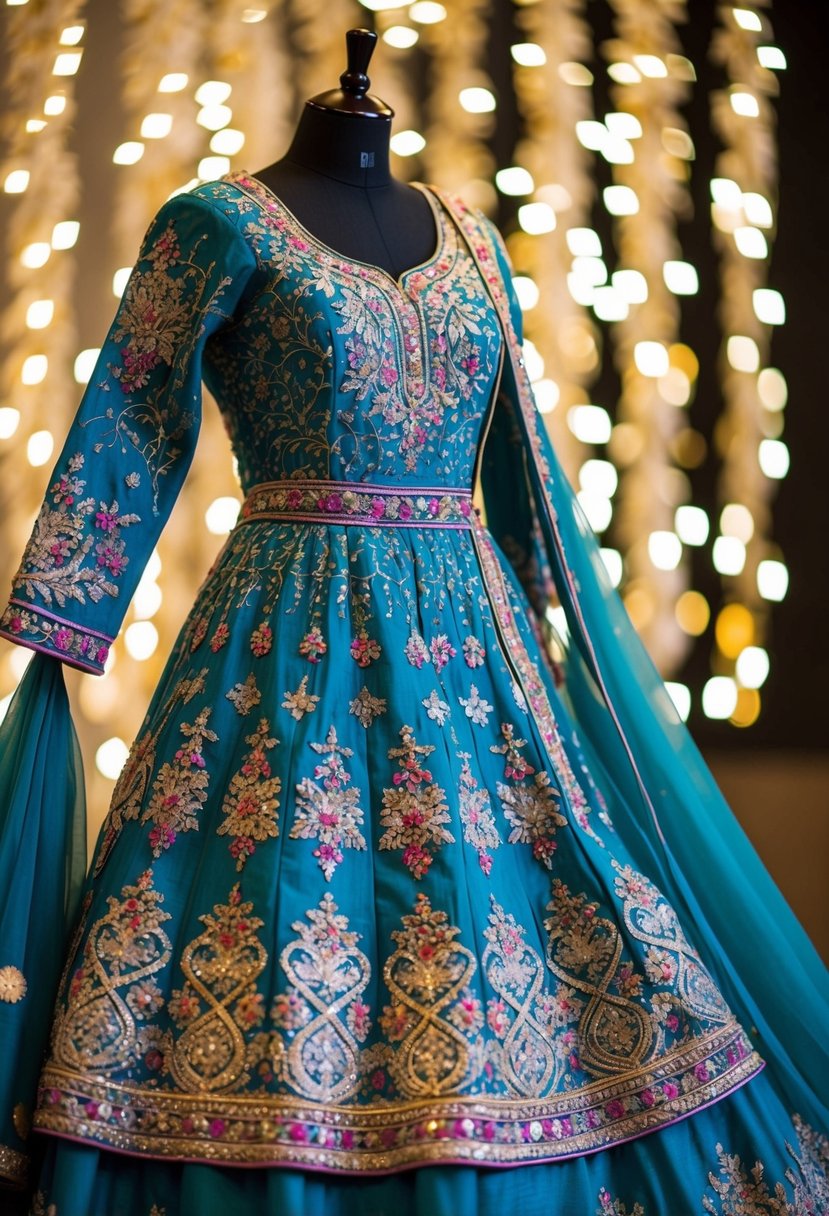 An ornate Sharara dress with intricate embroidery, adorned with delicate patterns and vibrant colors, cascading gracefully on a mannequin