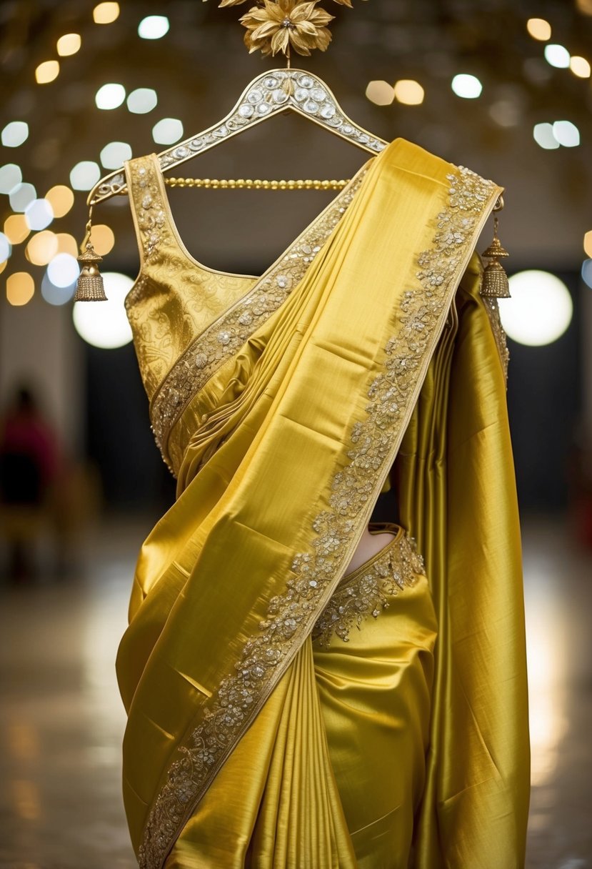 An elegant gold silk saree draped over a decorative hanger, with intricate embroidery and shimmering details