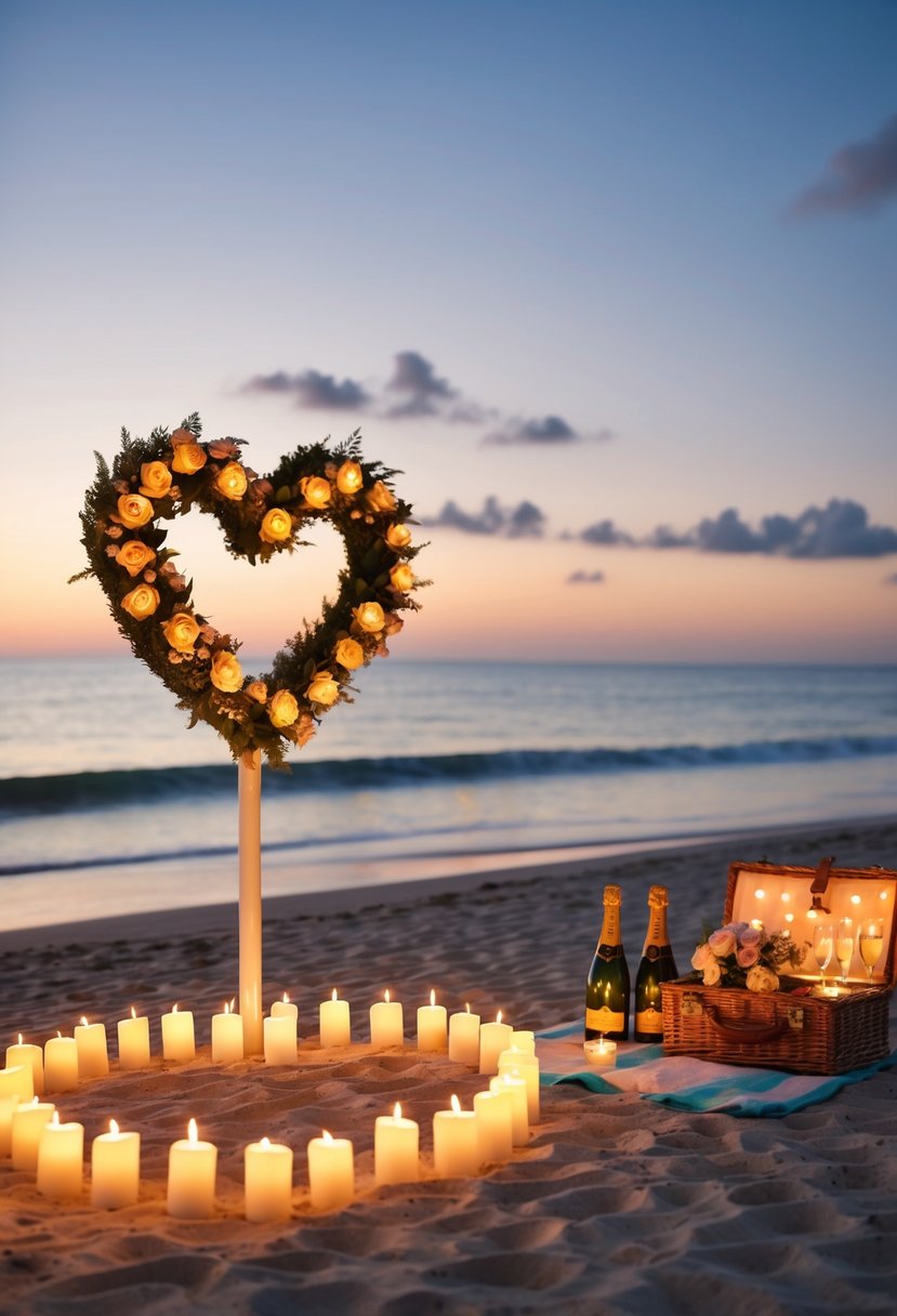 A serene beach at sunset with a heart-shaped arrangement of candles leading to a romantic picnic set-up with champagne and flowers