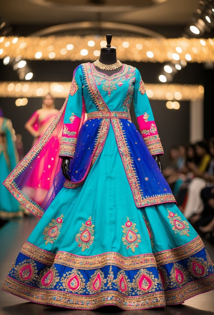 A vibrant Indo-Western gown with intricate embroidery and flowing fabrics, adorned with traditional Indian motifs and bright colors