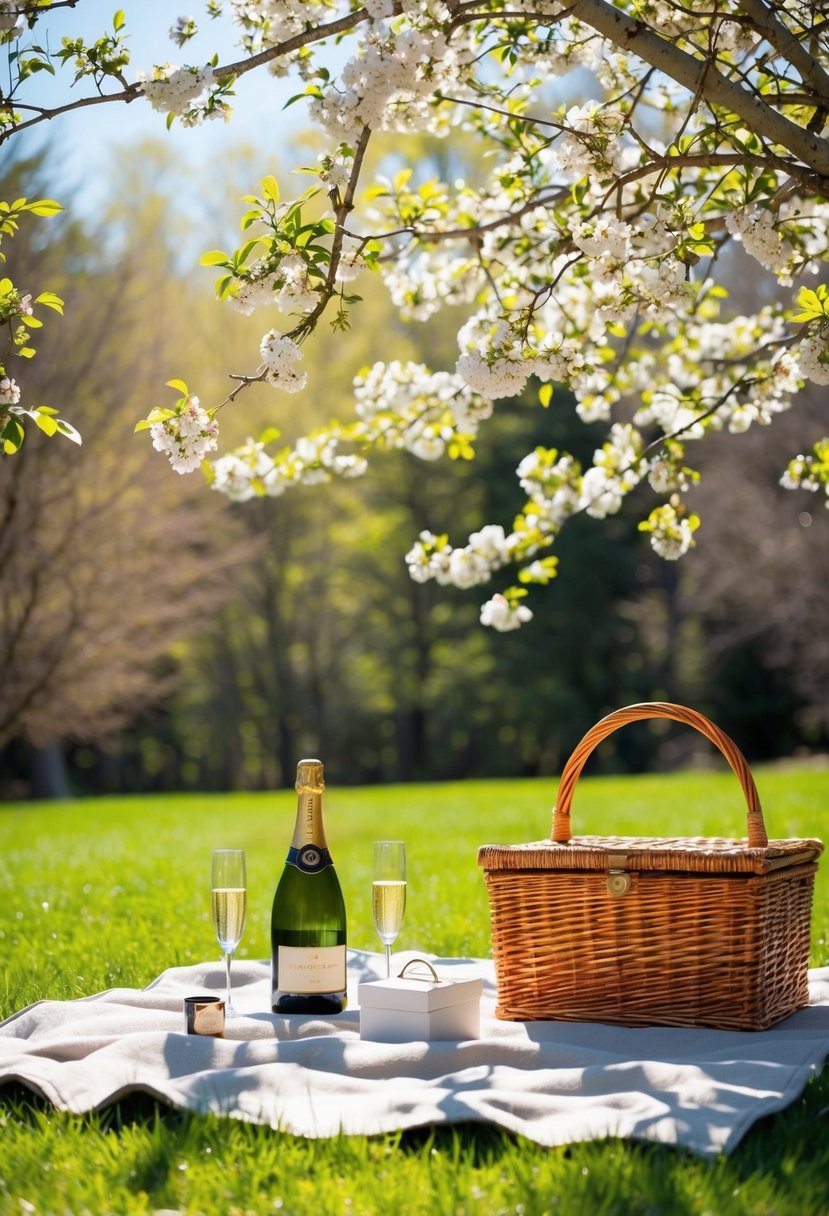 A picnic blanket spread under a blooming tree, with a wicker basket, champagne, and a ring box. Sunshine filters through the leaves, casting dappled shadows on the grass