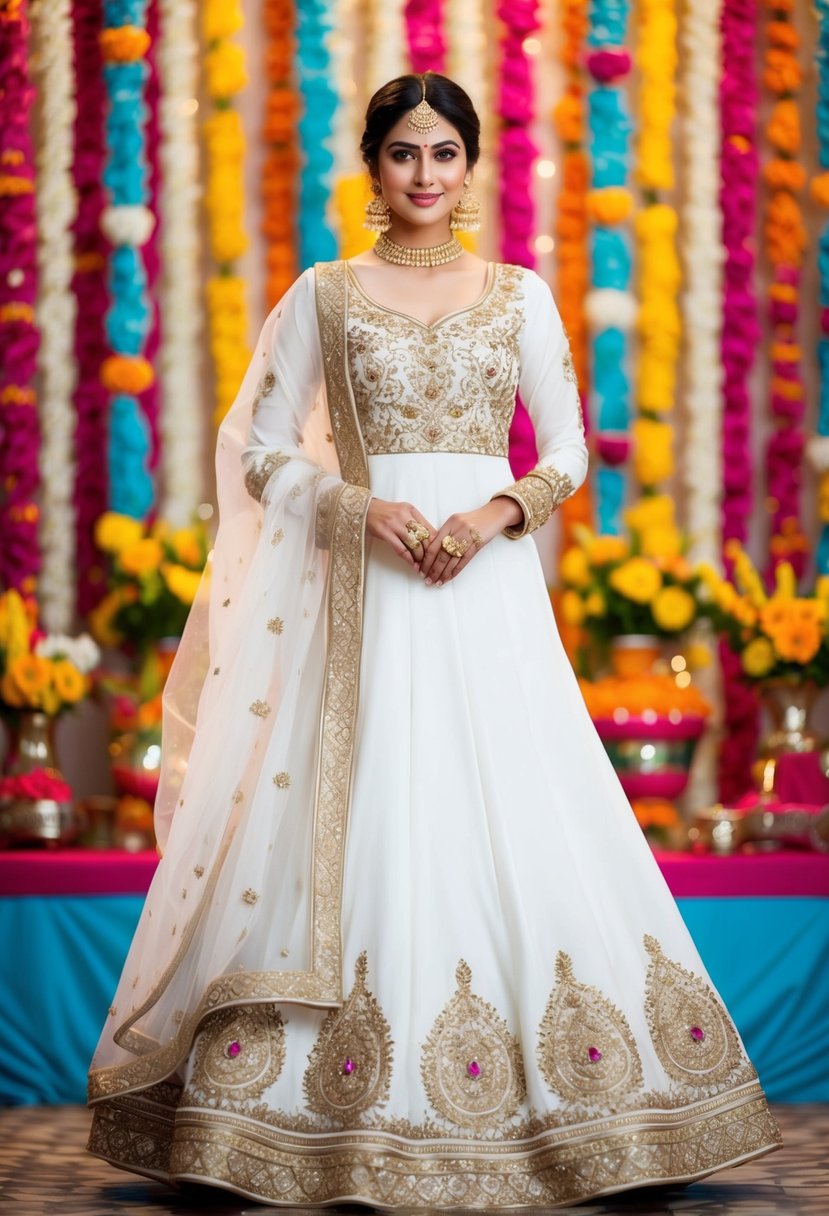 A classic white anarkali suit with intricate gold embroidery, paired with a matching dupatta, set against a backdrop of vibrant, colorful Indian wedding decorations