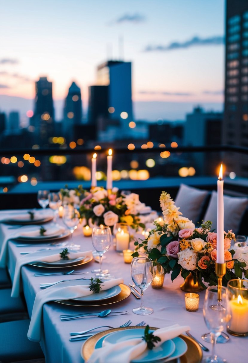 A candlelit dinner set up on a private rooftop with city lights in the background, a table adorned with flowers and elegant place settings