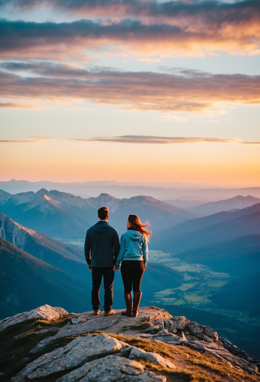 A couple stands on a mountain peak at sunrise, overlooking a scenic valley with colorful skies and distant mountains