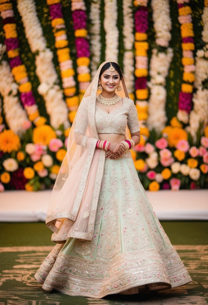 A bride twirls in a pastel toned Lehenga Choli, adorned with intricate embroidery and delicate embellishments, against a backdrop of vibrant floral decorations