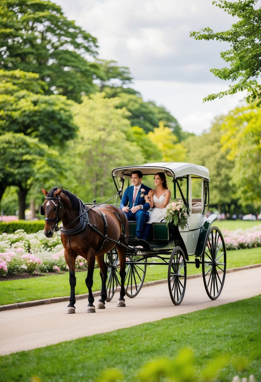 A horse-drawn carriage rides through a romantic park, surrounded by lush greenery and blooming flowers, setting the scene for a perfect wedding proposal