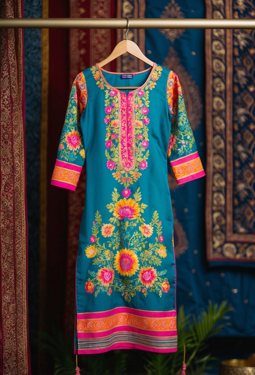 A vibrant floral motif kurta set displayed on a decorative hanger against a backdrop of intricate Indian patterns and textiles