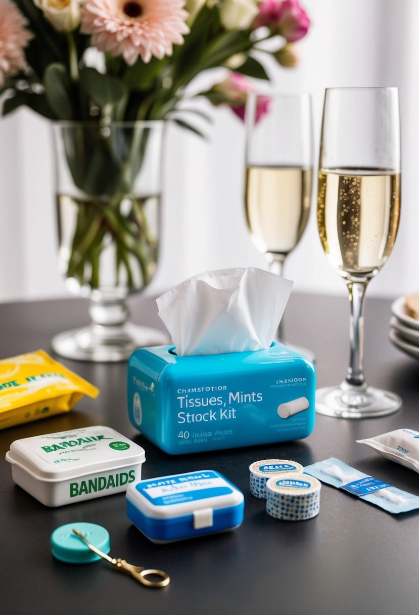 A table with items like tissues, mints, bandaids, and a mini sewing kit. Flowers and champagne glasses in the background