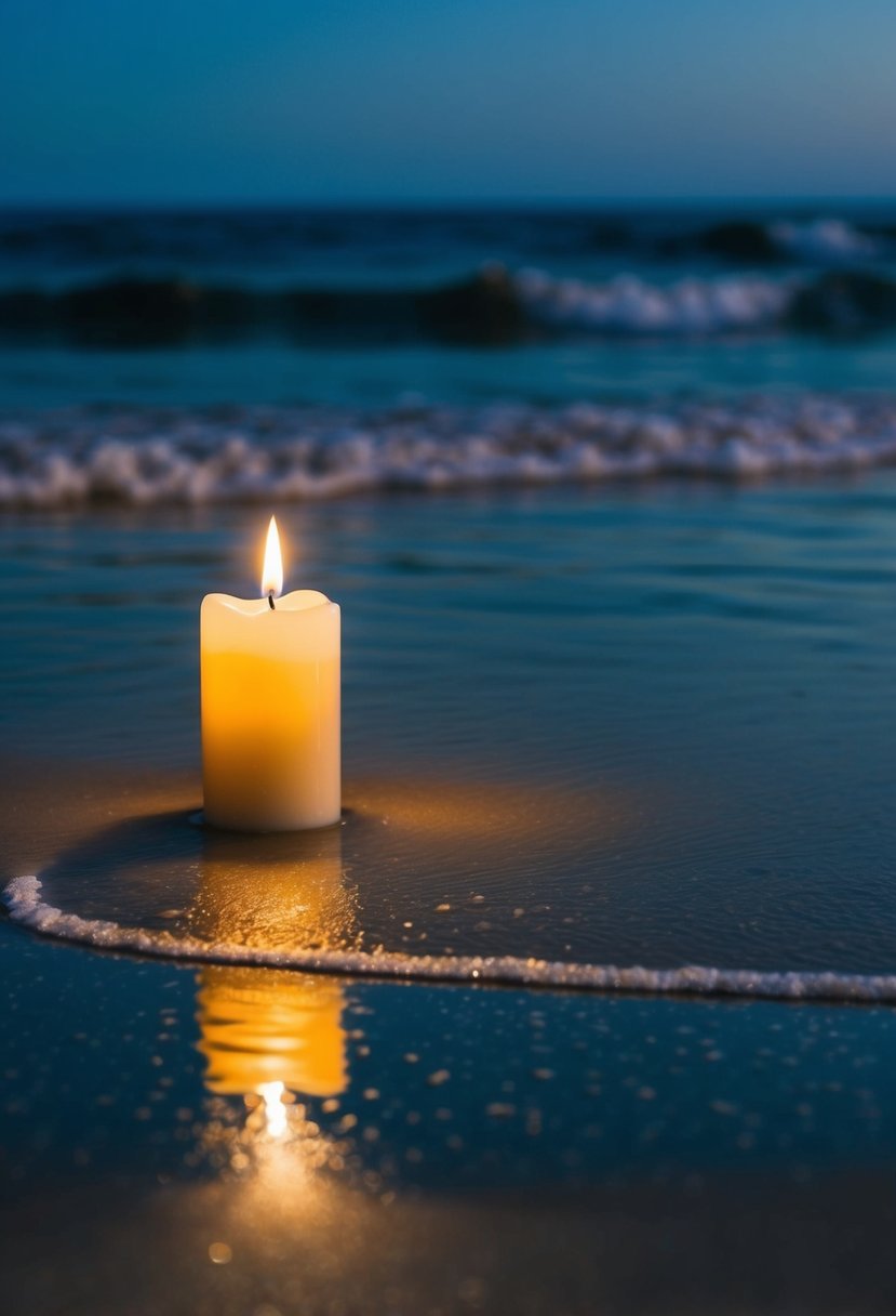 A sandy beach at night, waves gently lapping, with a single candle glowing in the darkness