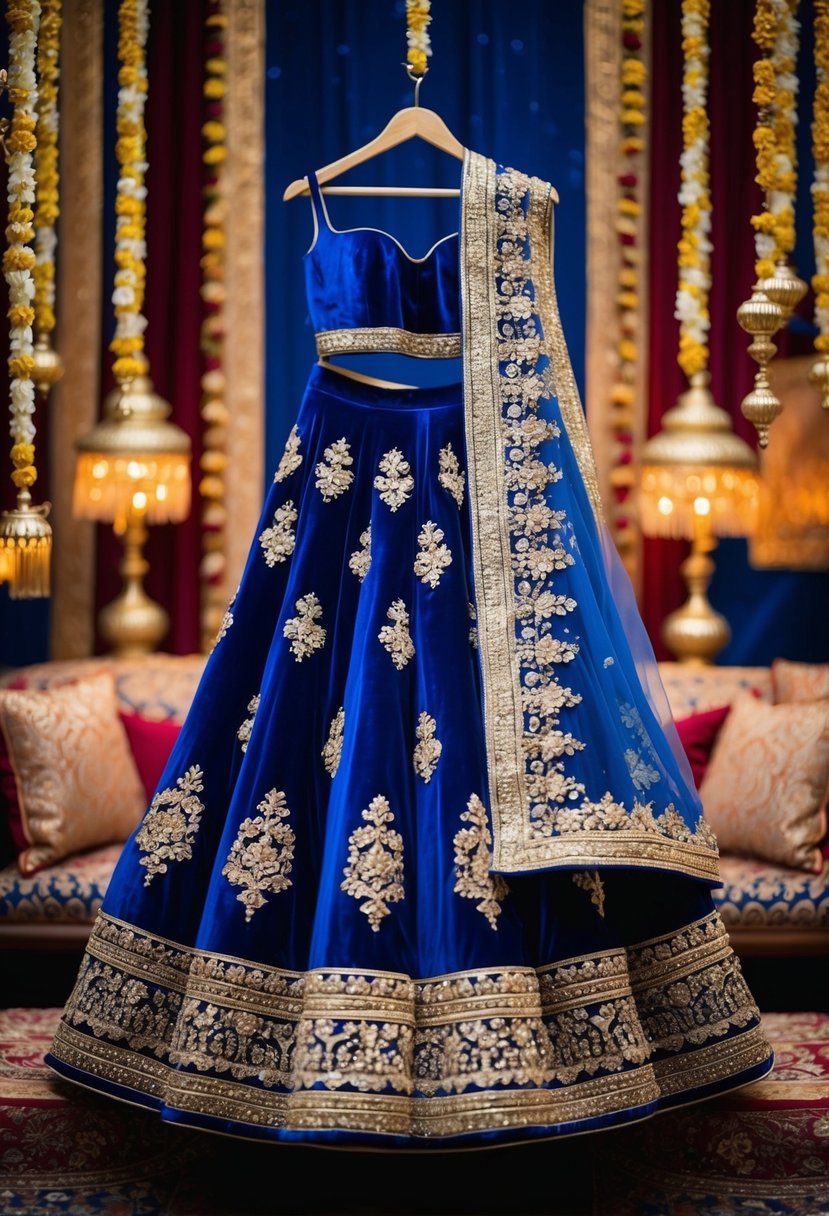 A royal blue velvet lehenga adorned with intricate gold embroidery, draped elegantly over a golden hanger, set against a backdrop of rich Indian textiles and ornate decor