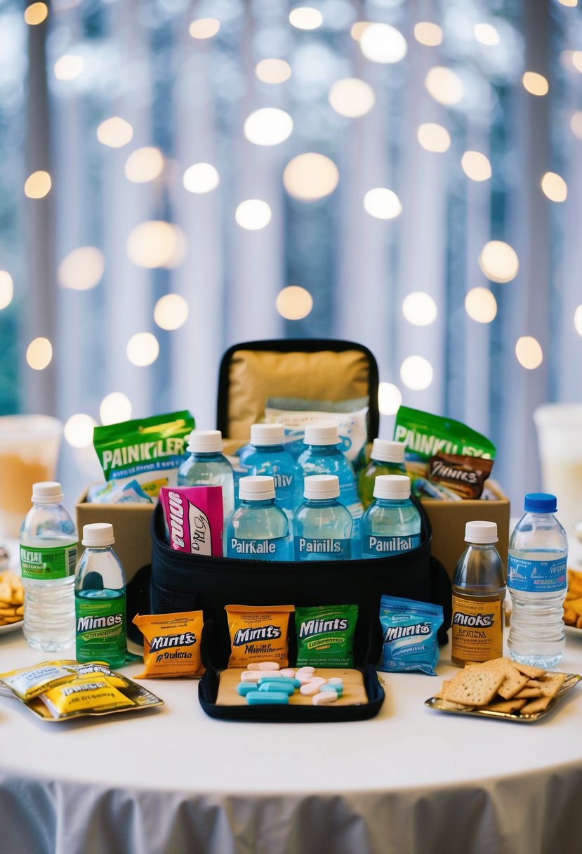 A table with a variety of painkillers, water bottles, mints, and snacks arranged neatly in a wedding survival kit