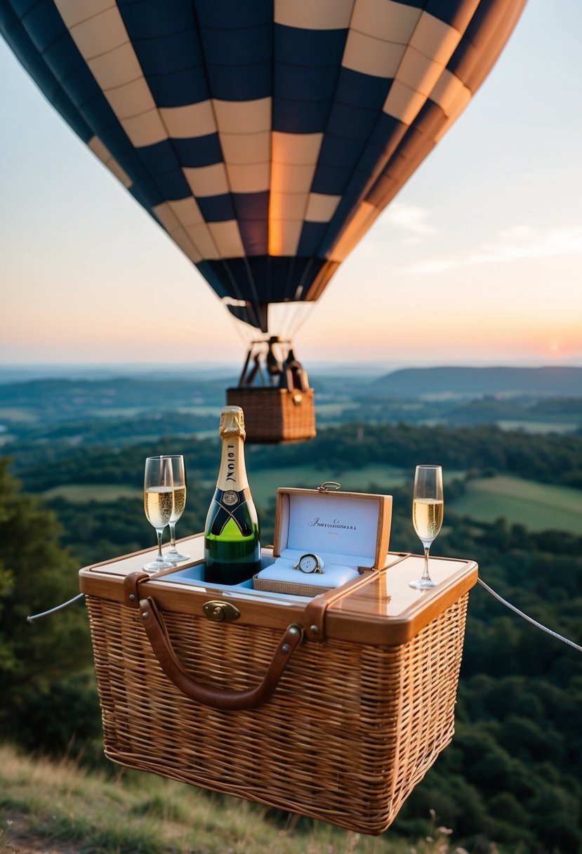 A hot air balloon floats over a scenic landscape at sunset, with a champagne picnic and a ring box nestled in the basket