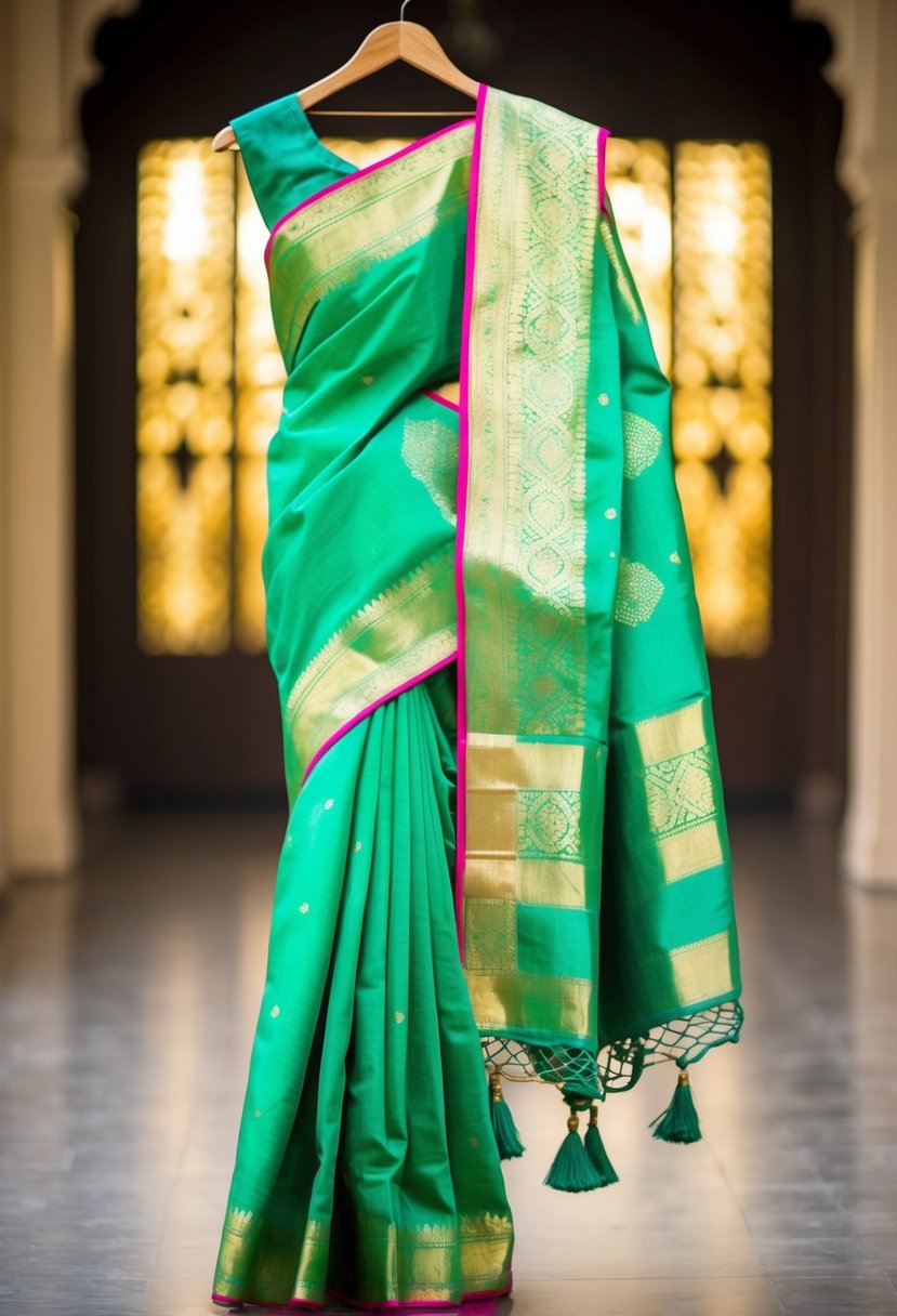 A vibrant green Banarasi saree draped elegantly over a golden hanger, adorned with intricate zari work and shimmering with traditional Indian motifs