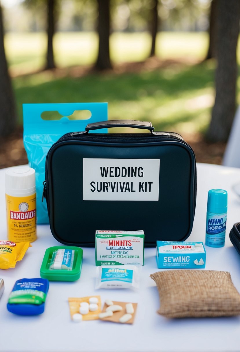 A table covered in wedding survival kit items: bandaids, mints, sewing kit, tissues, and mini deodorant