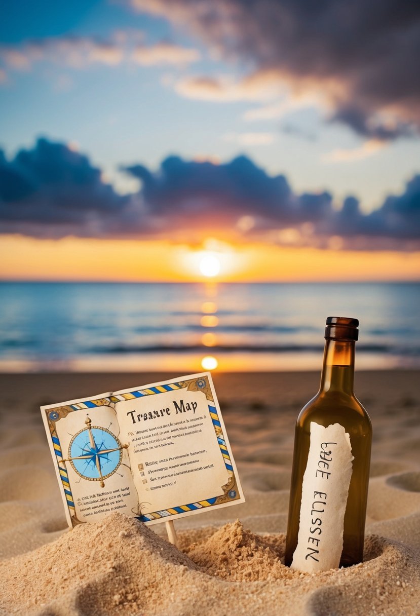 A secluded beach at sunset with a treasure map leading to a hidden message in a bottle buried in the sand