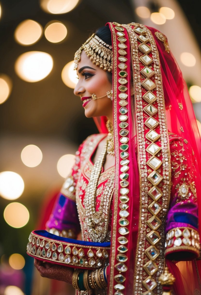 A vibrant Indian wedding dress adorned with intricate mirror work