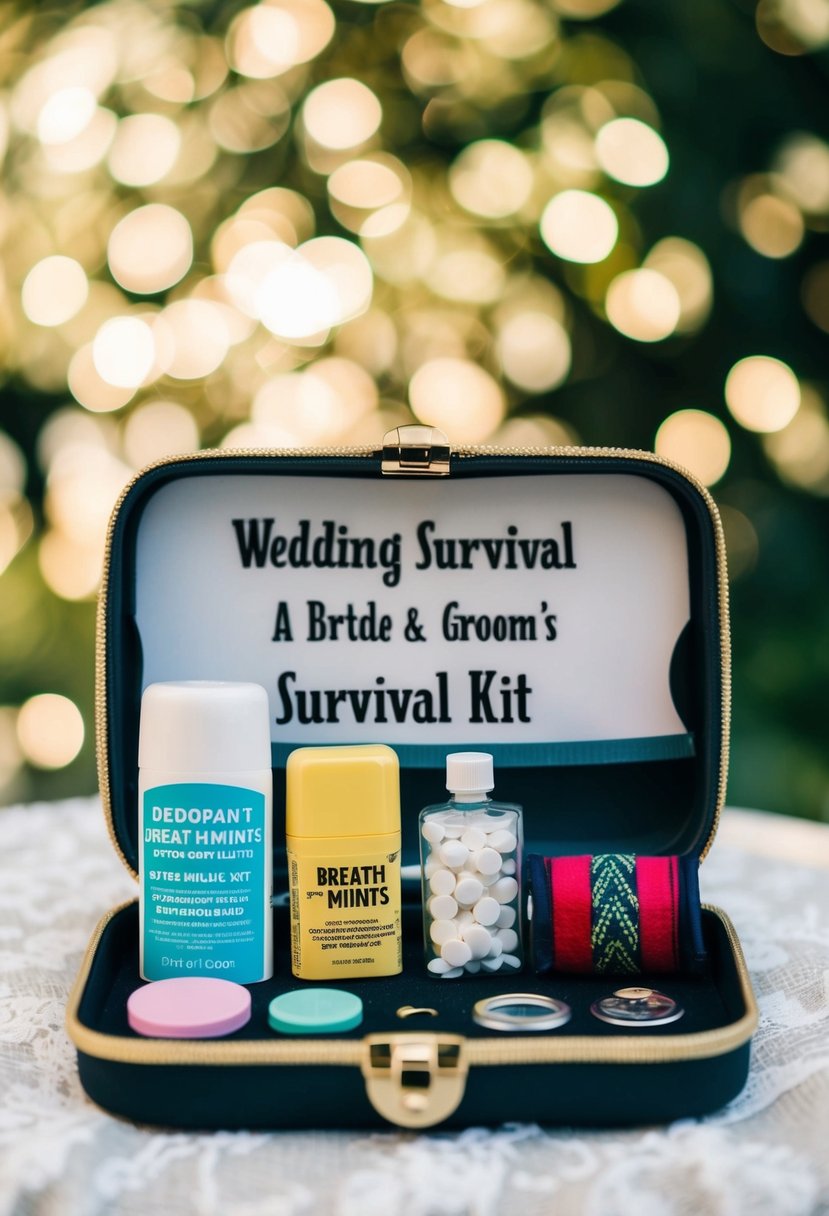 A bride and groom's wedding survival kit includes deodorant, breath mints, and a mini sewing kit