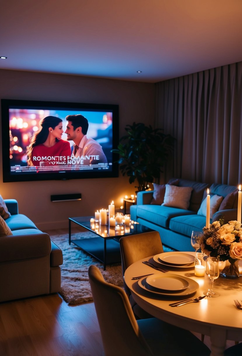 Cozy living room with dimmed lights, a plush sofa, and a large screen displaying a romantic movie. A table is set with a candlelit dinner and a bouquet of flowers