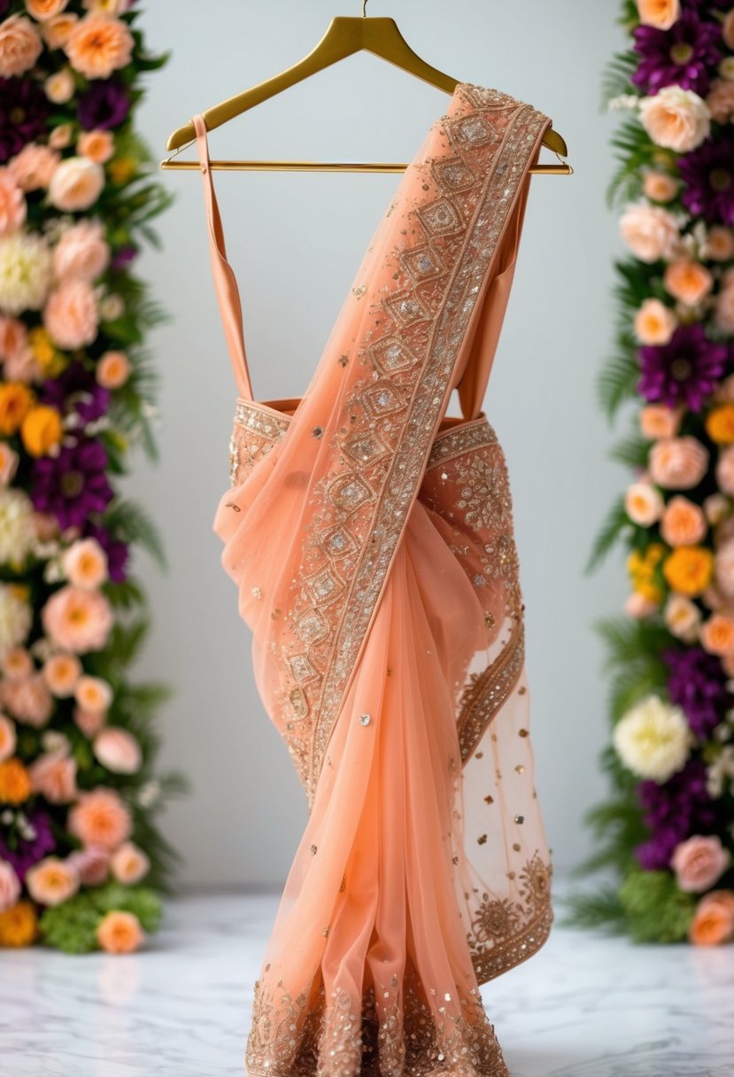 A peach net saree draped over a golden hanger, adorned with intricate embroidery and shimmering sequins, set against a backdrop of vibrant floral arrangements