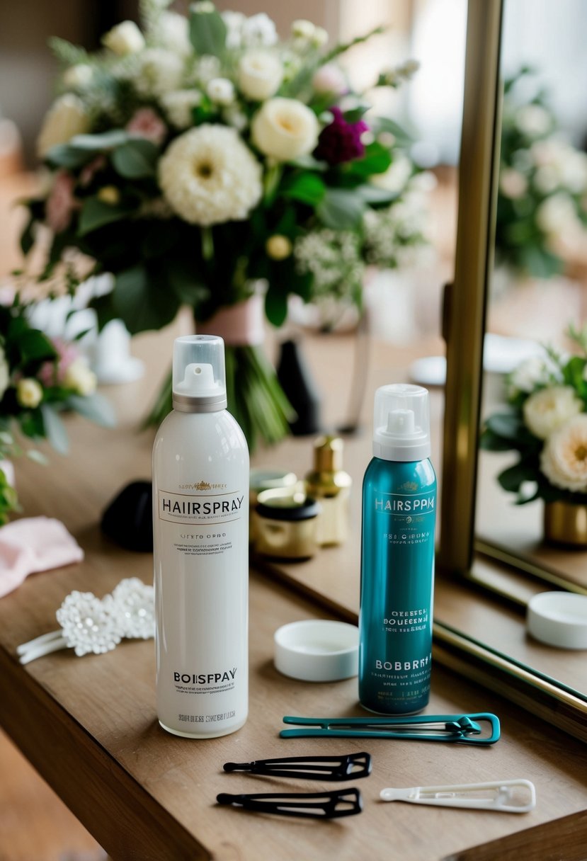 A table with hairspray, bobby pins, hair ties, and a mirror. Bouquets and wedding decor in the background