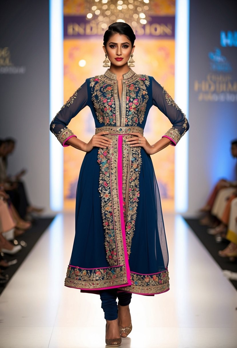 A modern Indo-Fusion jumpsuit with intricate Indian patterns and vibrant colors, adorned with elegant embroidery and embellishments