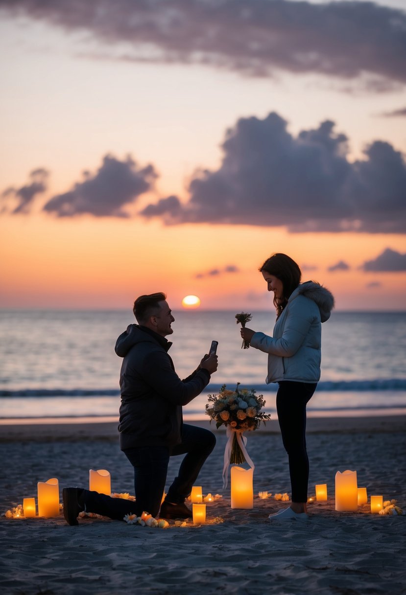 A couple stands on a secluded beach at sunset, surrounded by candles and flowers, as the partner gets down on one knee to propose