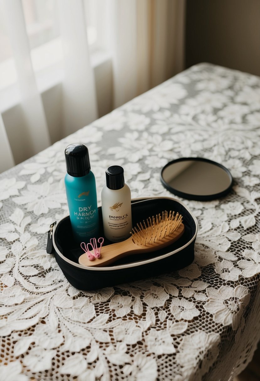 A bride's wedding survival kit with dry shampoo, hairbrush, bobby pins, and a mirror on a lace tablecloth