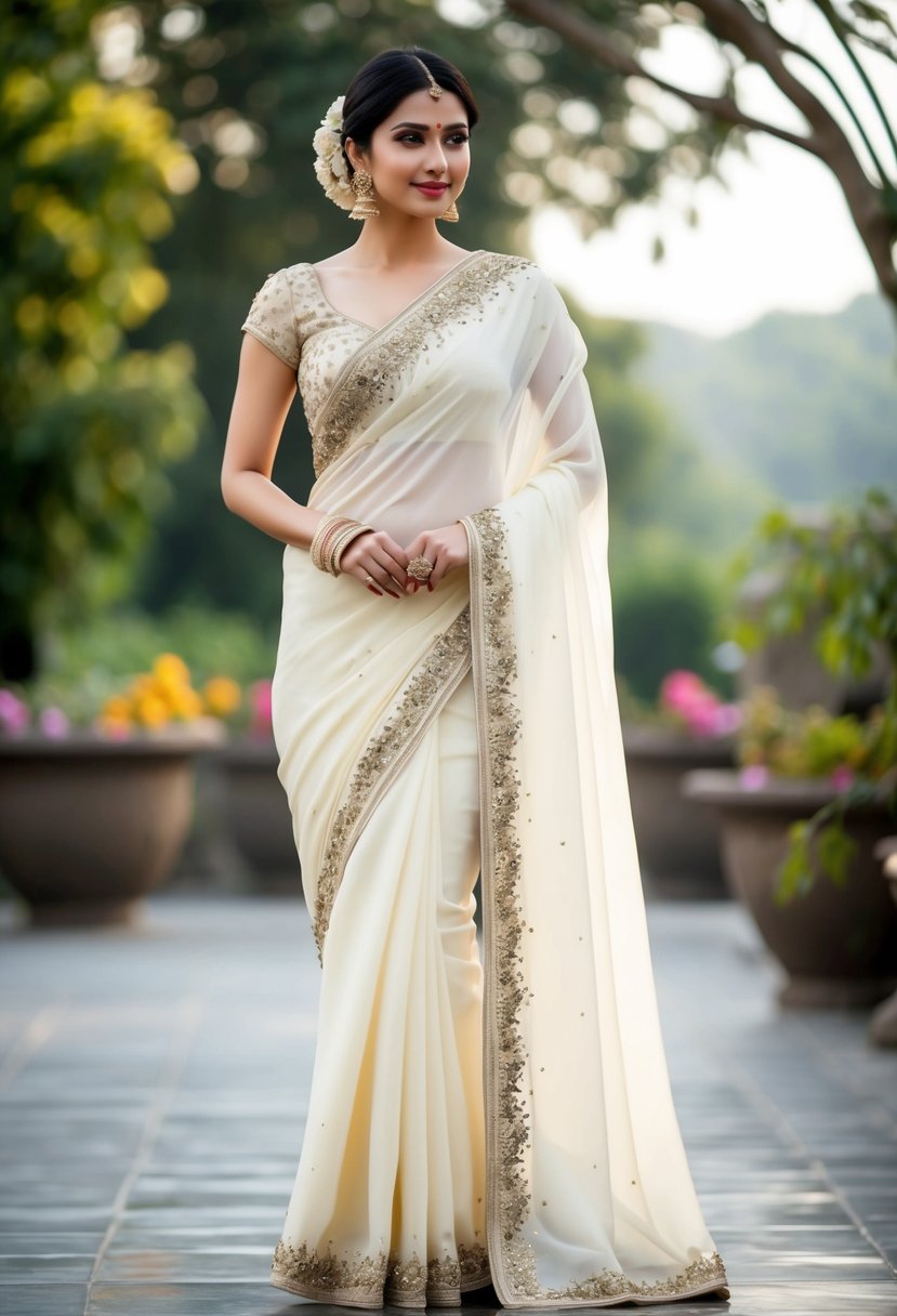 A beautiful ivory saree adorned with intricate embellishments, draped elegantly with delicate folds