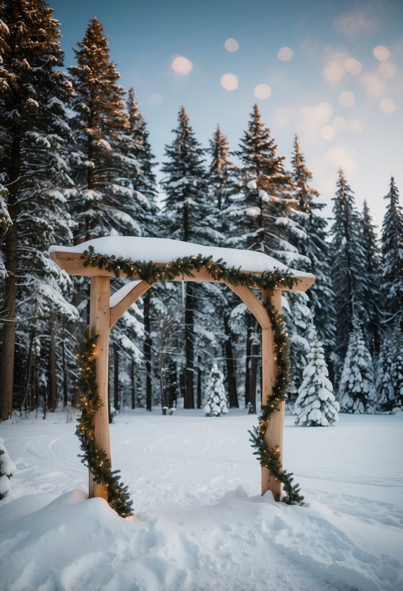 A snowy forest clearing with a rustic wooden arch adorned with twinkling fairy lights and surrounded by snow-covered pine trees