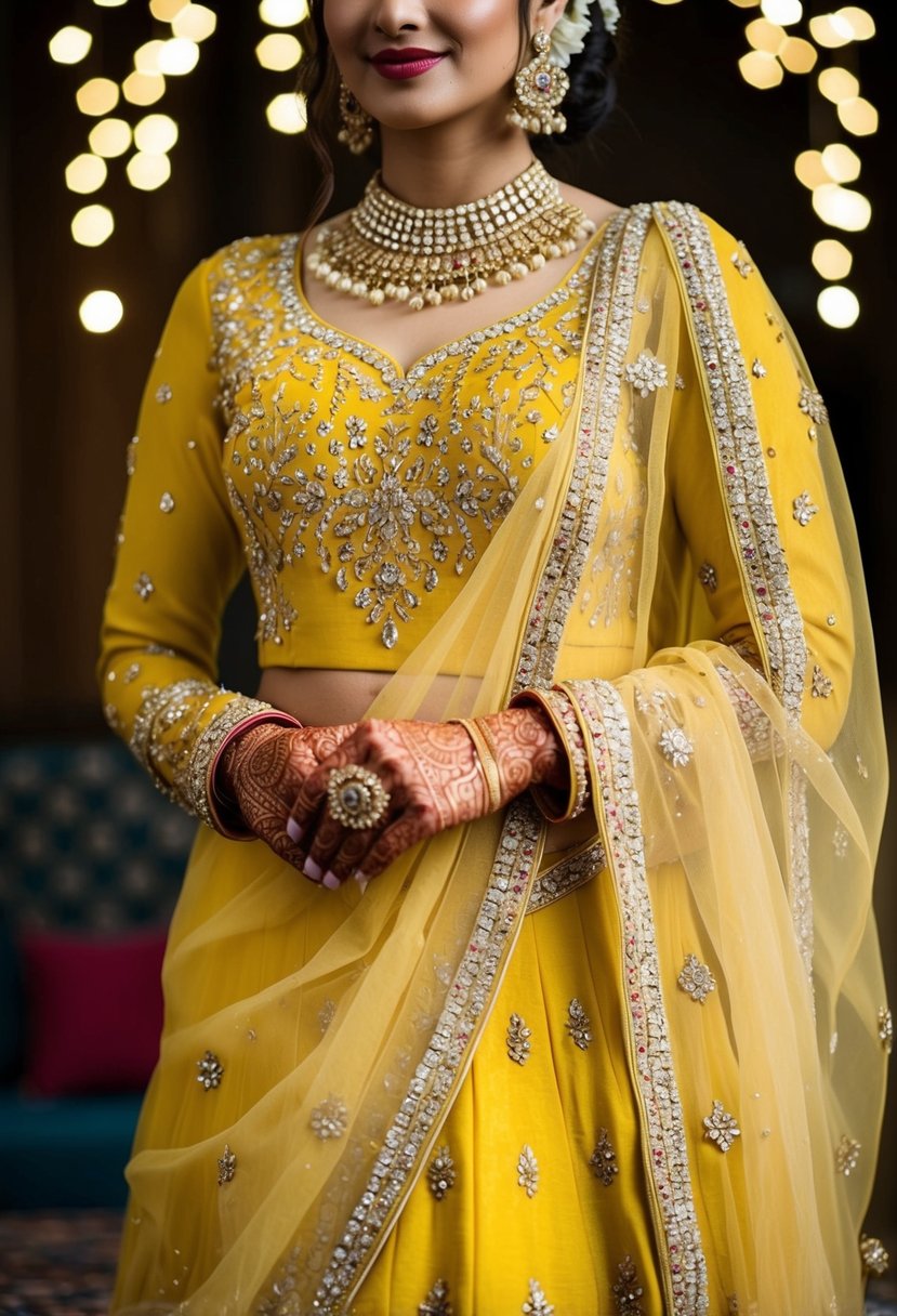 A vibrant yellow Mehendi outfit with intricate embroidery and sparkling embellishments