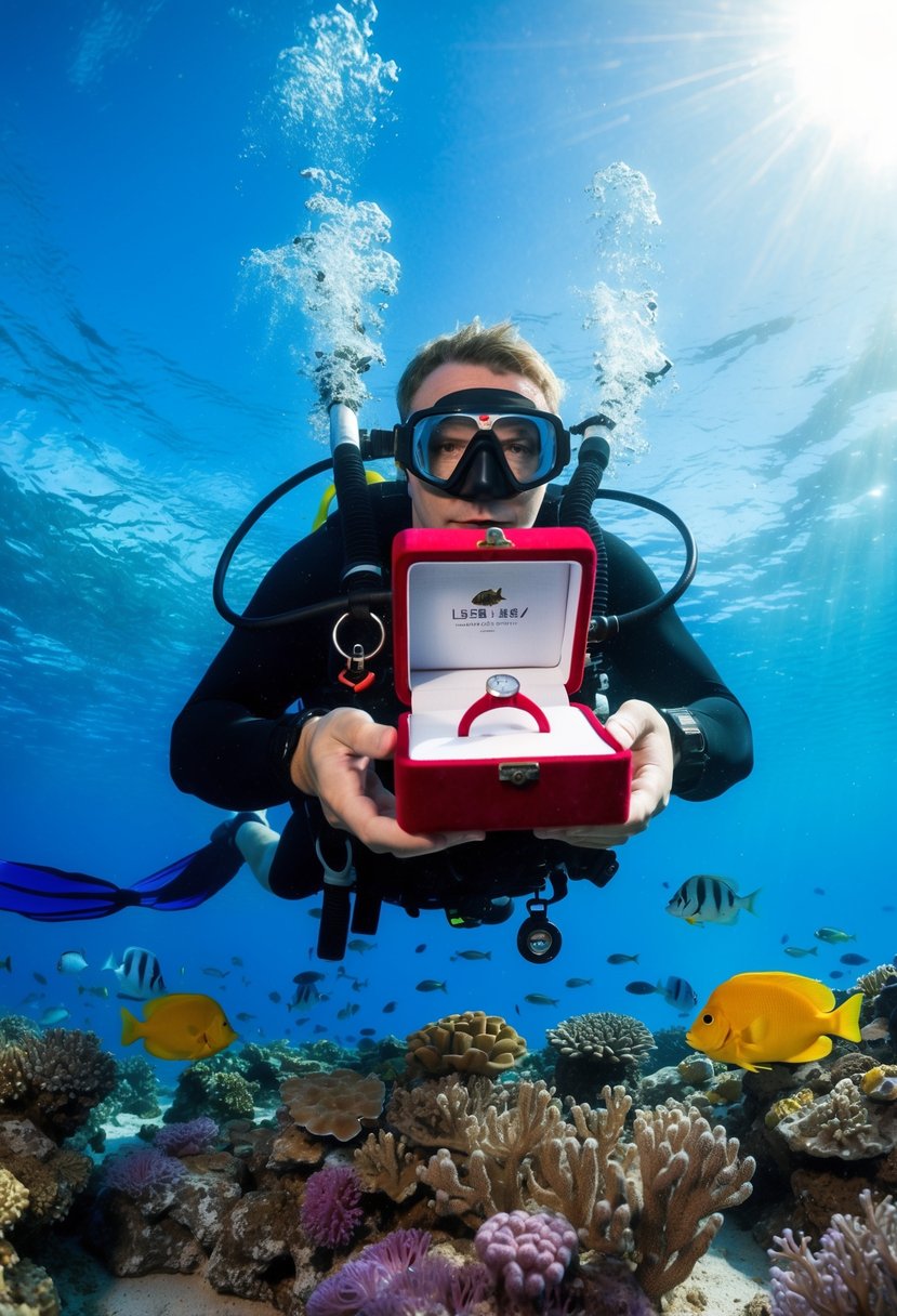 A diver holds out an open ring box surrounded by colorful coral and fish, as sunlight filters through the clear blue water