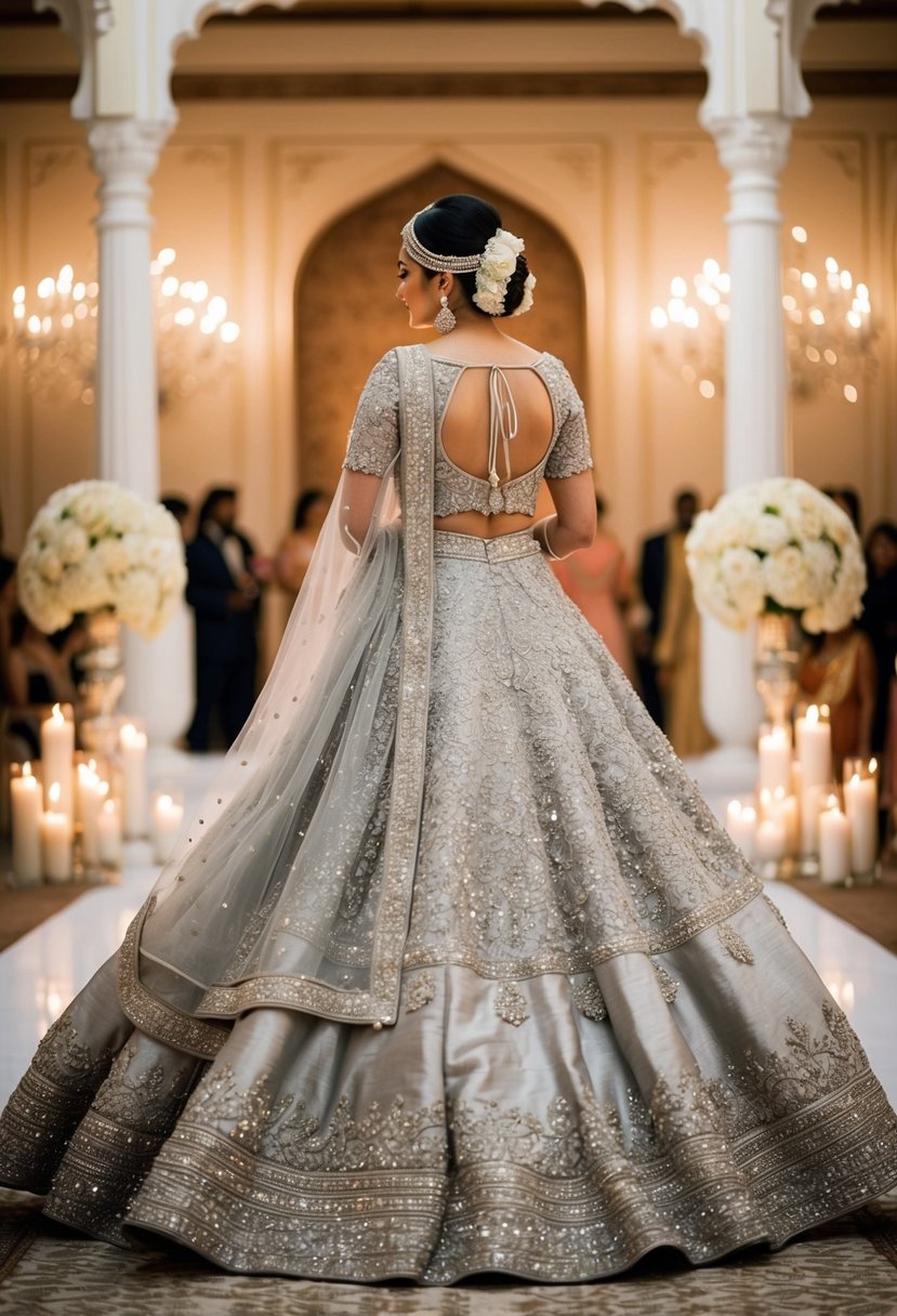 A silver gown adorned with intricate embroidery, shimmering with elegance under the soft glow of candlelight at an opulent Indian wedding