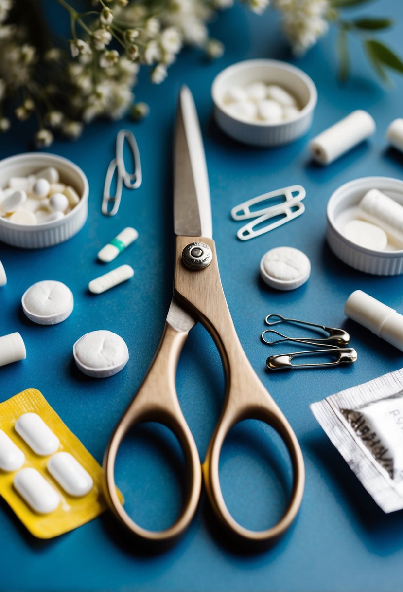 A pair of scissors surrounded by wedding survival kit items like bandaids, mints, and safety pins