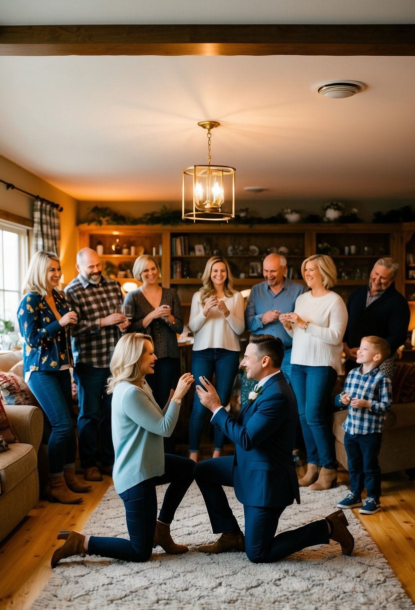 A couple stands in a cozy family gathering, surrounded by loved ones. The room is filled with warmth and joy as the partner gets down on one knee, holding out a ring