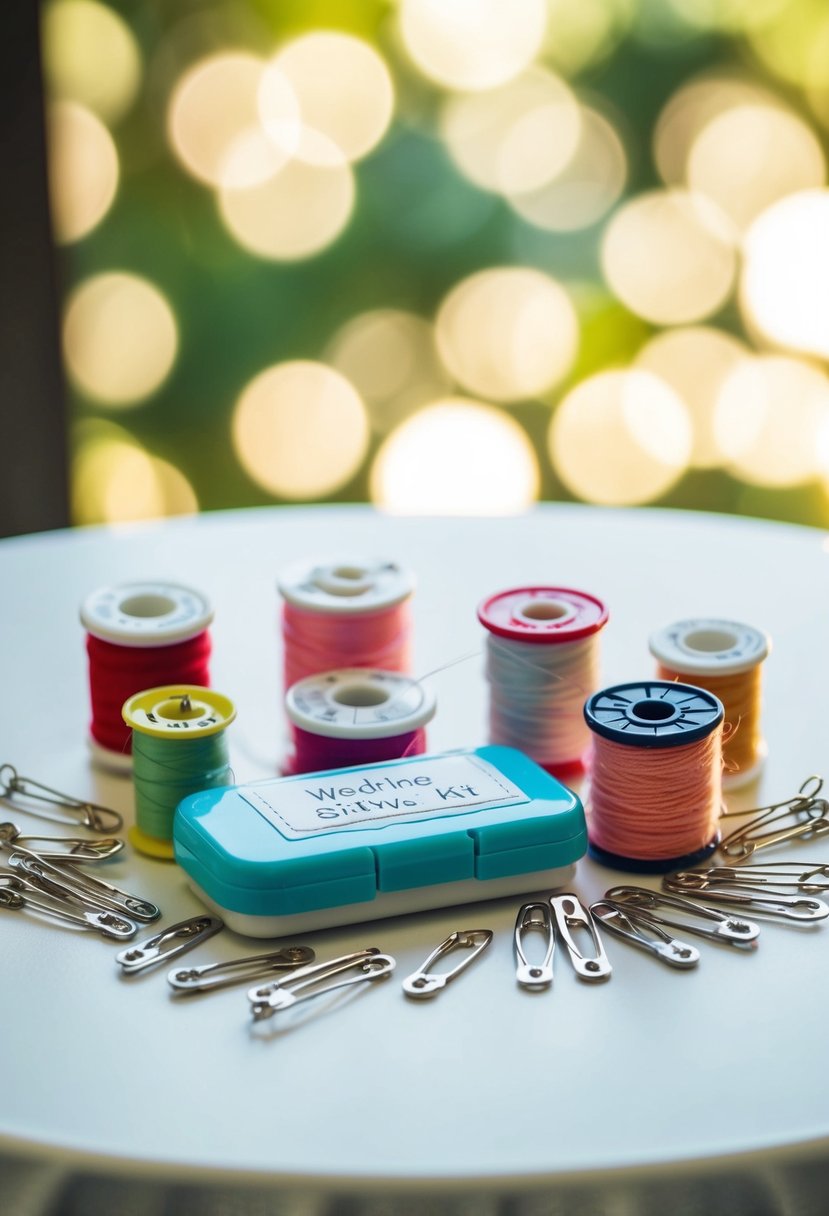 A collection of safety pins, thread, and mini sewing kit arranged on a table for a wedding survival kit