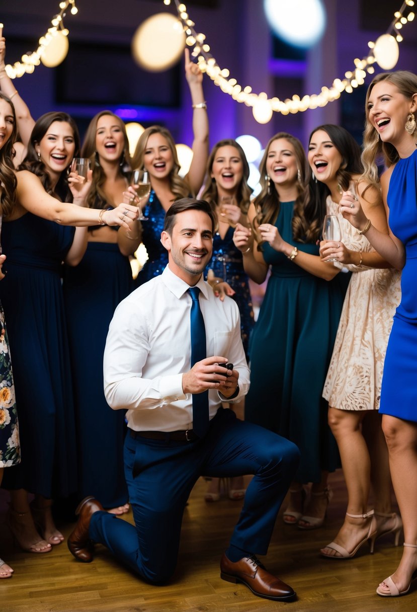 A man kneels with a ring at a lively party, surrounded by cheering friends and twinkling lights