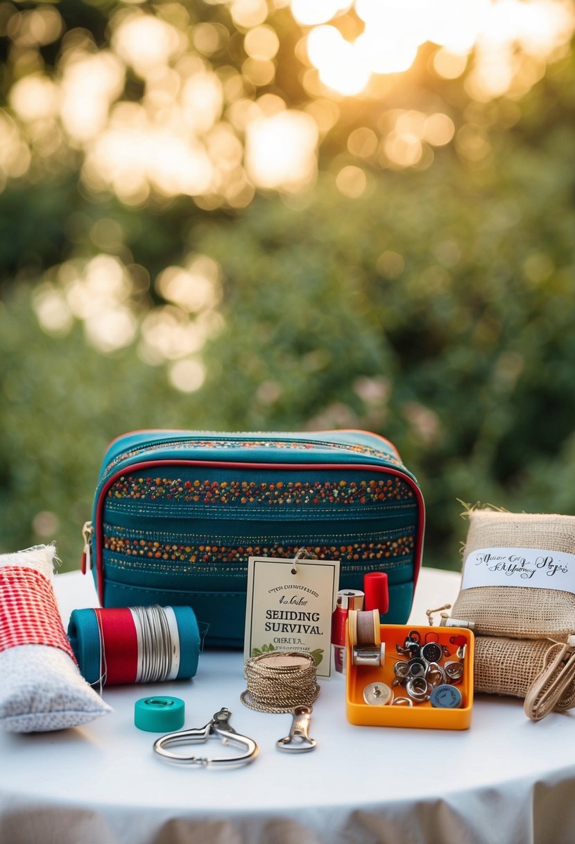 A sewing kit and other wedding survival items arranged on a table