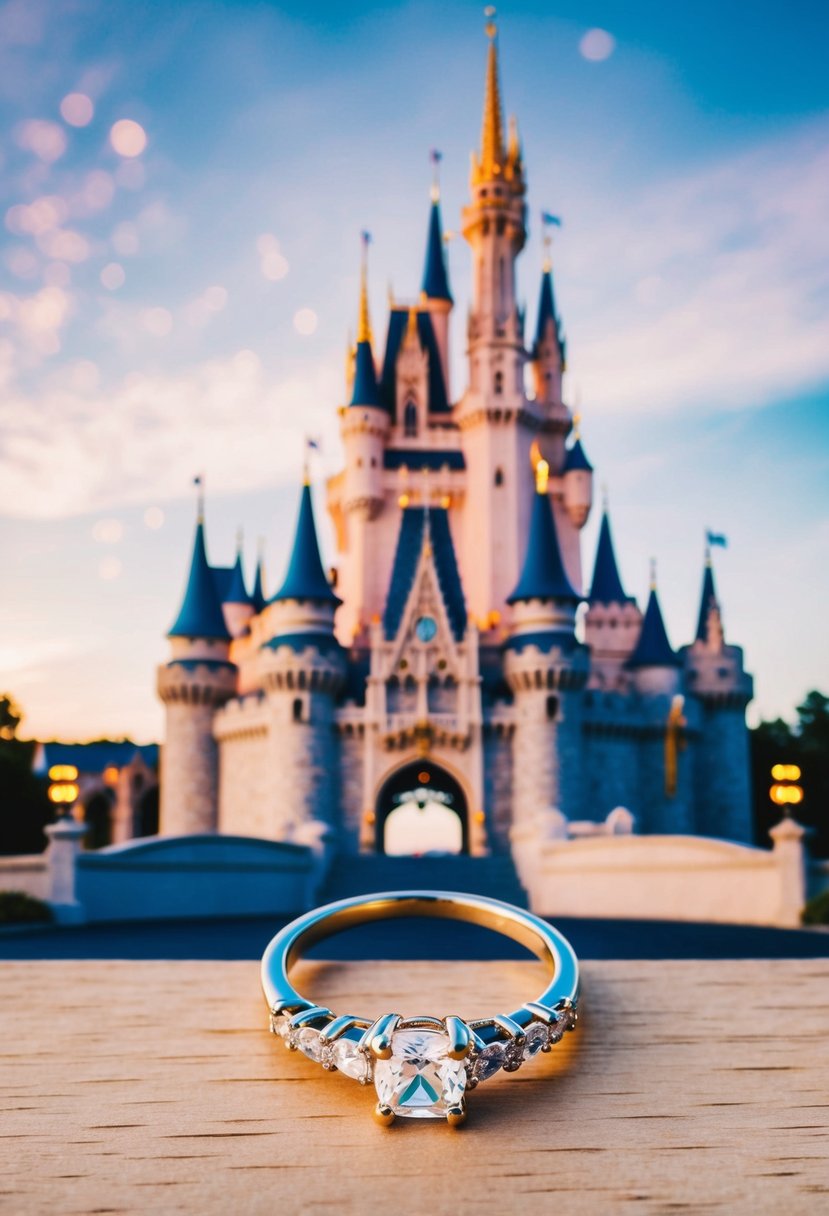 A grand fairy tale castle with a sparkling ring in front