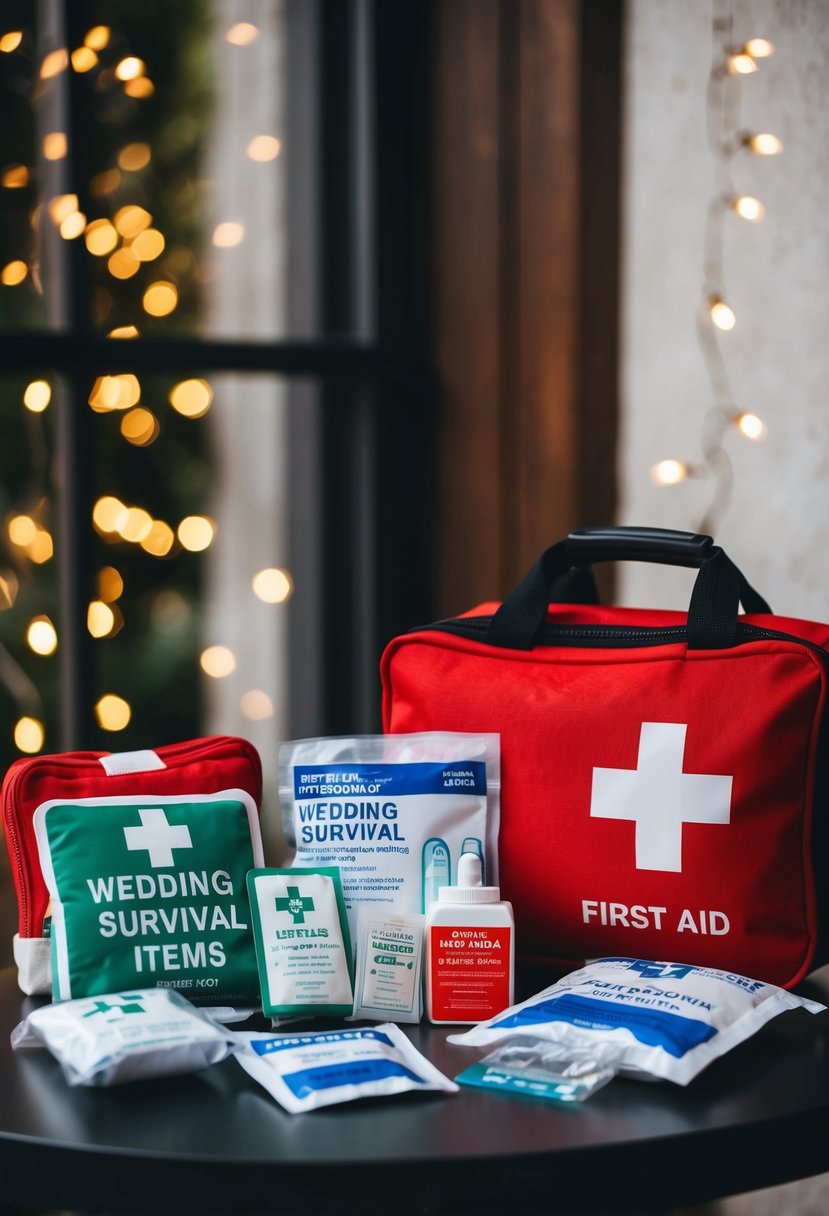 A first aid kit and wedding survival items arranged on a table