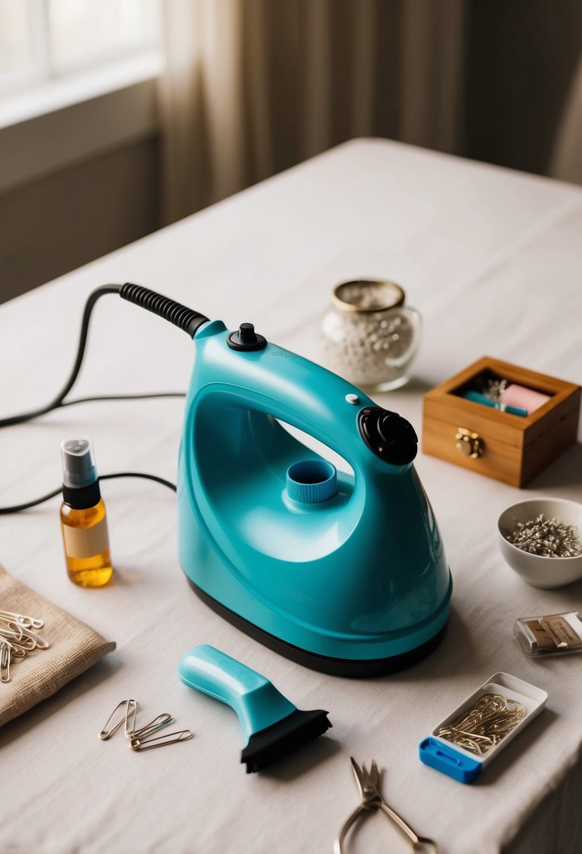 A portable fabric steamer sits on a table surrounded by wedding survival kit items like safety pins, stain remover, and sewing kit