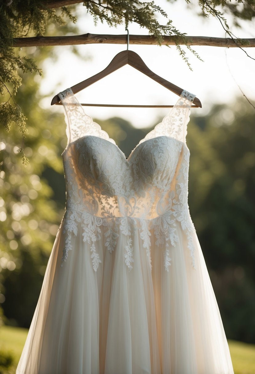 A plus-size wedding dress hanging on a rustic wooden hanger, surrounded by soft natural lighting and delicate lace details