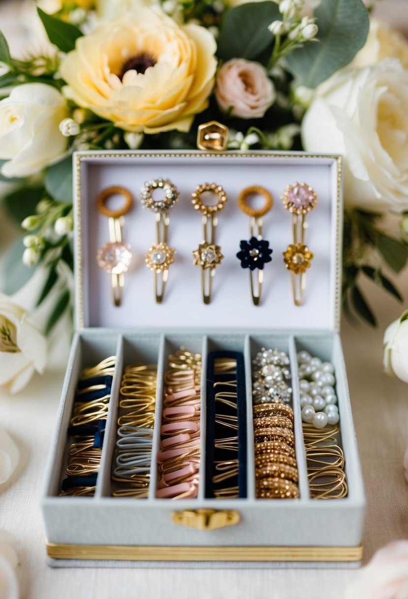 A collection of bobby pins, hair ties, and small hair accessories arranged neatly in a decorative box, surrounded by flowers and wedding decor